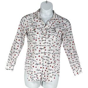 Karl Lagerfeld Paris XS White Blouse Red Heart Script Button Up Roll Tab Sleeve